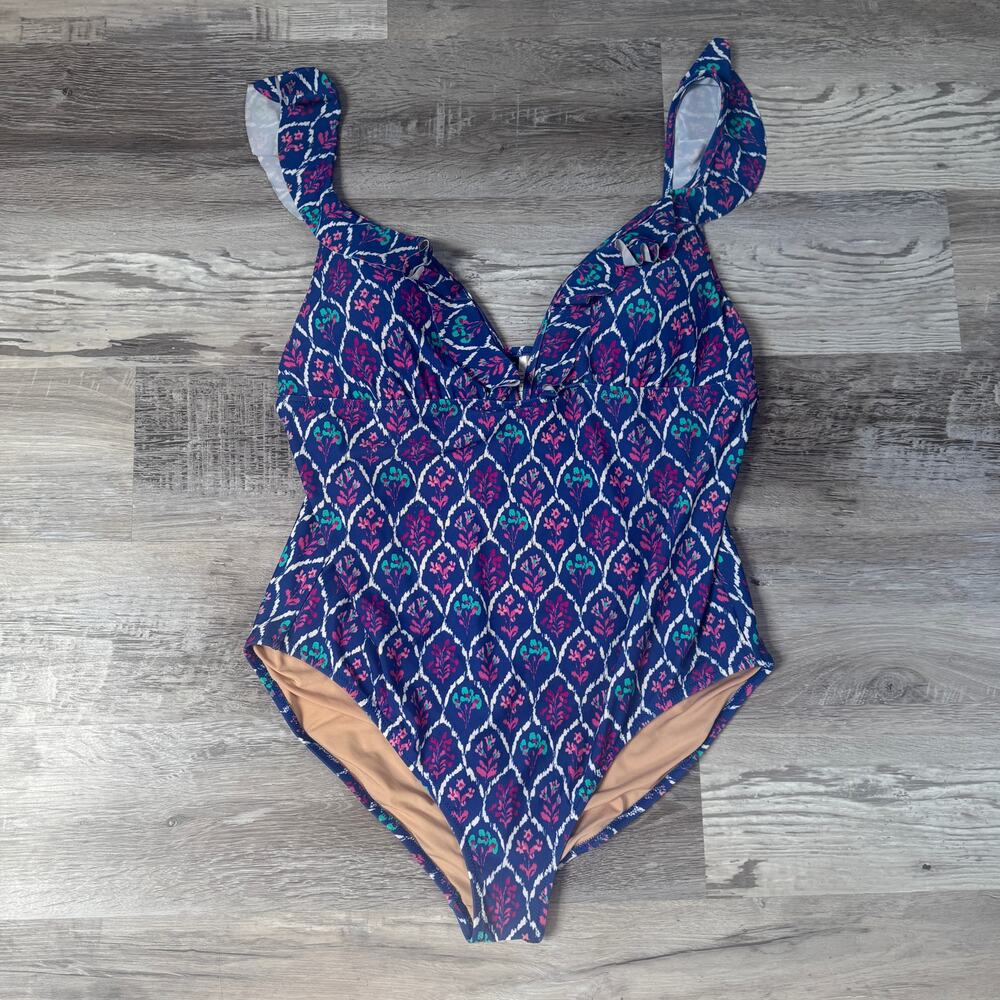 J.Crew Ruffle One Piece Swimsuit Blue Flattering Resort Vacation Preppy Pool XXL